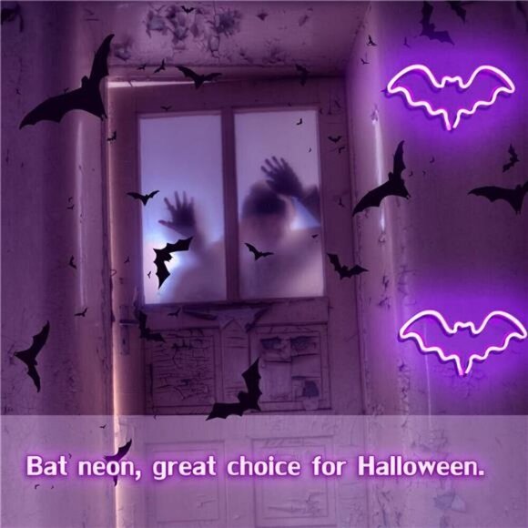 Halloween Bat Neon Sign Decoration LED Light Wall Decor Bat Shape Lamp NEW Scary - Picture 5 of 6